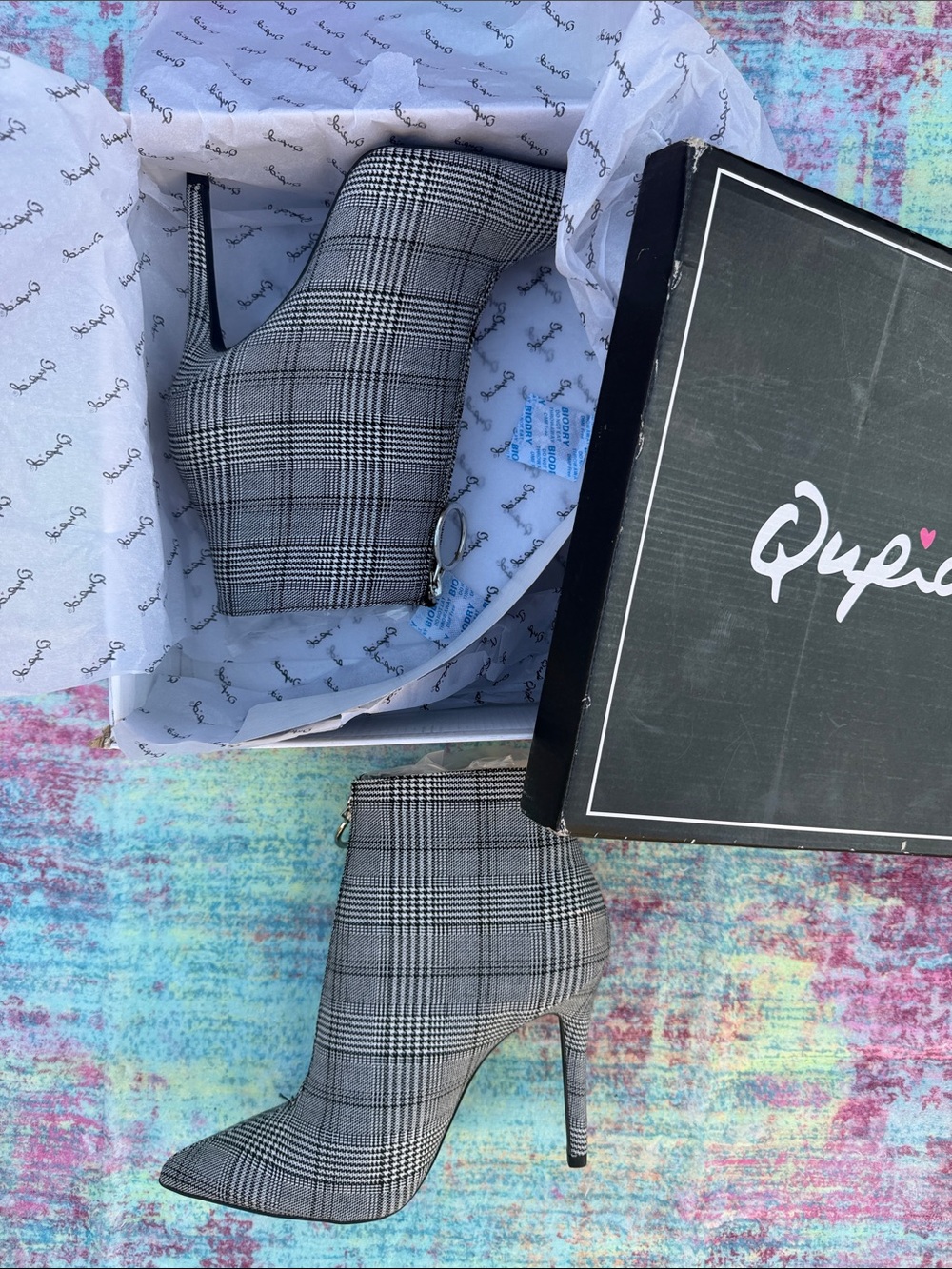 Qupid Black and White Plaid Pointed Stiletto Ankle Boots